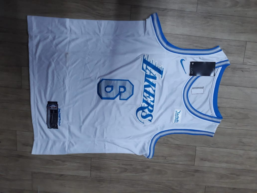 James 6 Lakers White/Blue Basketball Jersey [Stitch]