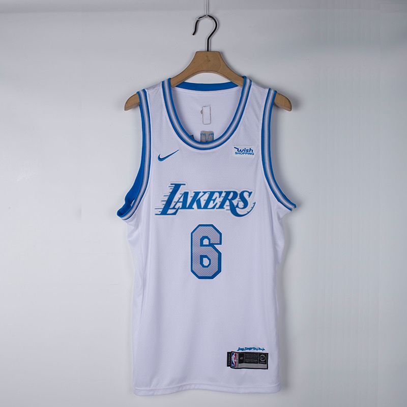 James 6 Lakers White/Blue Basketball Jersey [Stitch]