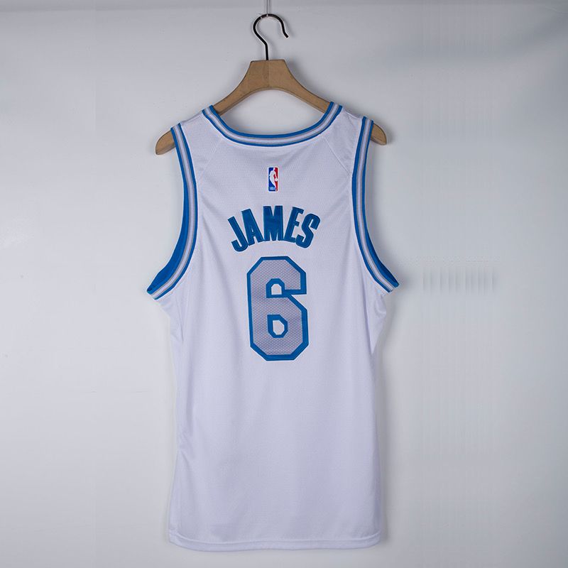 James 6 Lakers White/Blue Basketball Jersey [Stitch]